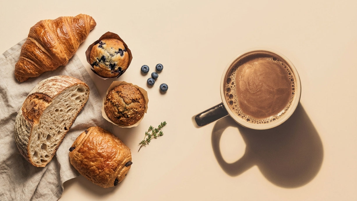 Fresh-baked croissants, blueberry muffin, artisan bread and a warm cup of coffee
